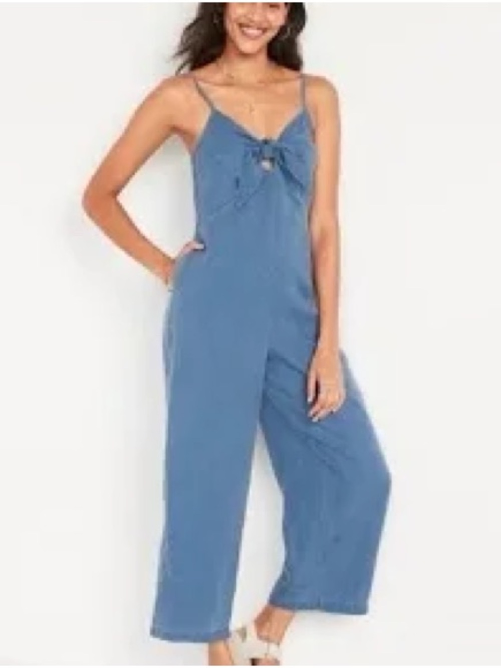 As U Wish Chambray Blue Wide-Leg Jumpsuit with Front Tie